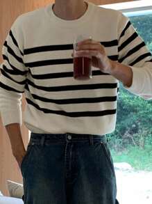 DAZY Áo len dệt kim sọc nhiều màu thường ngày cho nam, Thu/Đông - Đen và trắng - Xem 4