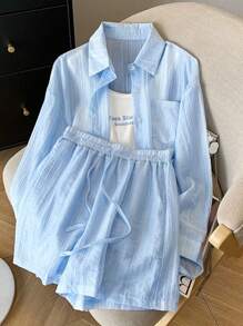 SHEIN 2pcs/Set Casual Solid Color Shirt And Shorts Set - Blue - View 1