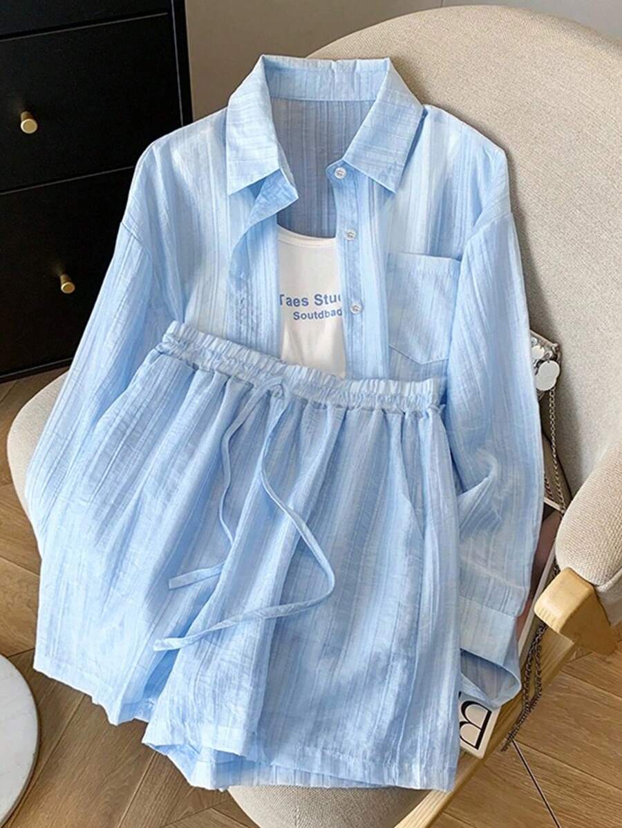 SHEIN 2pcs/Set Casual Solid Color Shirt And Shorts Set - Blue - View 1