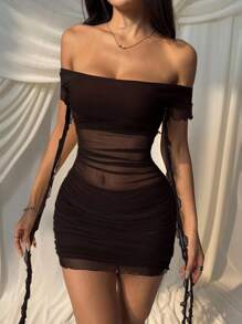 SHEIN EZwear Women's Coffee Brown Off-Shoulder Ruffle Hem Patchwork Mini Dress - Coffee Brown - View 1