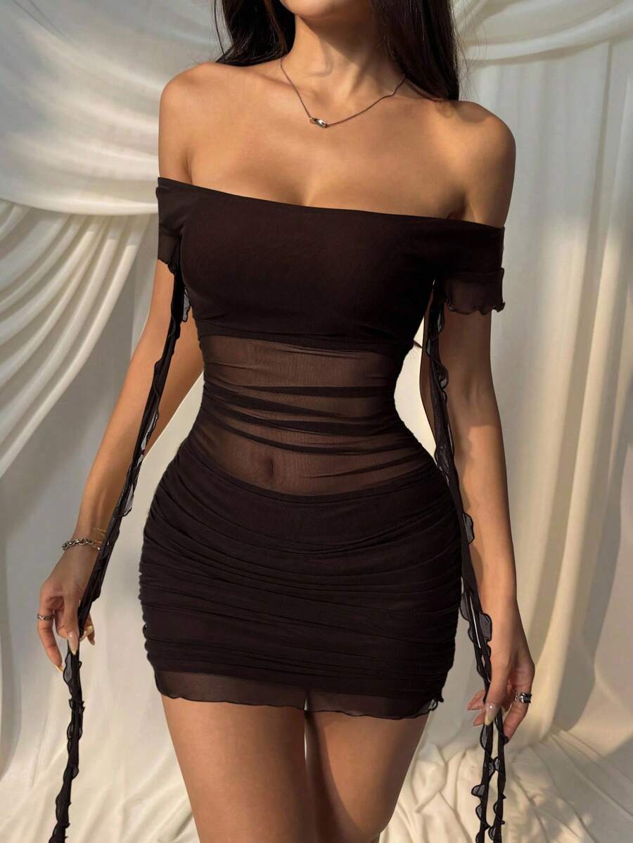 SHEIN EZwear Women's Coffee Brown Off-Shoulder Ruffle Hem Patchwork Mini Dress - Coffee Brown - View 1