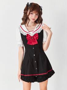 ROMWE EDITION 女士甜美撞色拼布彼得潘领蝴蝶结装饰衬衫和短裤两件套