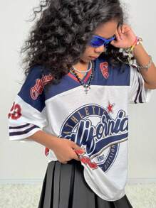 Coolane Kids 女童宽松V领短袖数码印花T恤