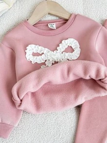 LMoss Kids LMoss 2pcs Baby Girl Knitted Bow Pattern Crew Neck Casual Sweatshirt And Leggings Set Pink Bow Baby Outfit Baby Girl Ruffle Pants Set Baby Girl Sweat Set Baby Girl Long Sleeve Set Baby Girl Clothes Girls Co Ord Set Fall Winter