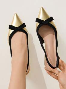 CUCCOO CHICEST 女士尖头蝴蝶结装饰平底鞋，优雅甜美休闲简约时尚舒适仿皮鞋，适合下午茶、约会、派对、职场、万圣节、新年、春节等场合。 - 金色 - 查看 3