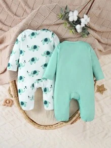 SHEIN 2件套新生儿可爱大象印花白色和蓝色简约长袖连脚连体睡衣 - 綠色 - 查看 2