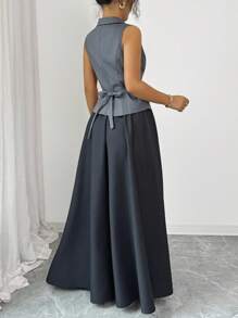 Elenzga 优雅通勤时尚优雅百搭无袖翻领做旧束腰双排扣不对称下摆长款A字裙女套装 - 灰色 - 查看 2