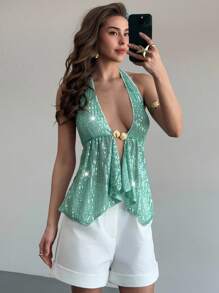 Aloruh Blusa de mujer con cuello en pico, abertura alta y lentejuelas de unicolor, ideal para verano, playa, estilo bohemio, vacaciones tropicales, festivales, conciertos, uso en Ibiza, estilo occidental y ropa de calle bohemia para fiestas - Verde - Ver 2