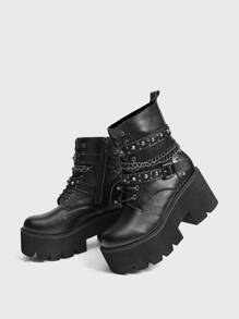 Sugerpunk 女式新款金属链厚底侧拉链时尚8厘米高跟马靴 - 黑色 - 查看 5