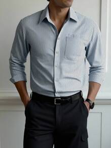 Manfinity Dauomo Casual Fashion Men's Striped Single-Breasted Pocket Shirt - Baby Blue - View 1