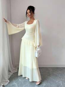 Elenzga Đầm maxi voan dáng chữ A, cổ vuông màu vàng kem thanh lịch, tay loe gợi cảm, xếp nếp, chất liệu voan xòe dành cho nữ, thích hợp cho tiệc tốt nghiệp, sự kiện ngày lễ, kỳ nghỉ, hẹn hò, trang phục thường ngày - Vàng nhạt - Xem 6