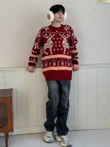 DAZY 秋季男士休闲鹿纹落肩长袖针织毛衣，圣诞节 - 彩色 - 查看 12