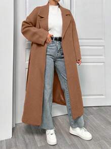 EURMUSE Lapel Neck Double Breasted Slant Pocket Waist Belt Tie-Up Woolen Overcoat - Mocha Brown - View 4