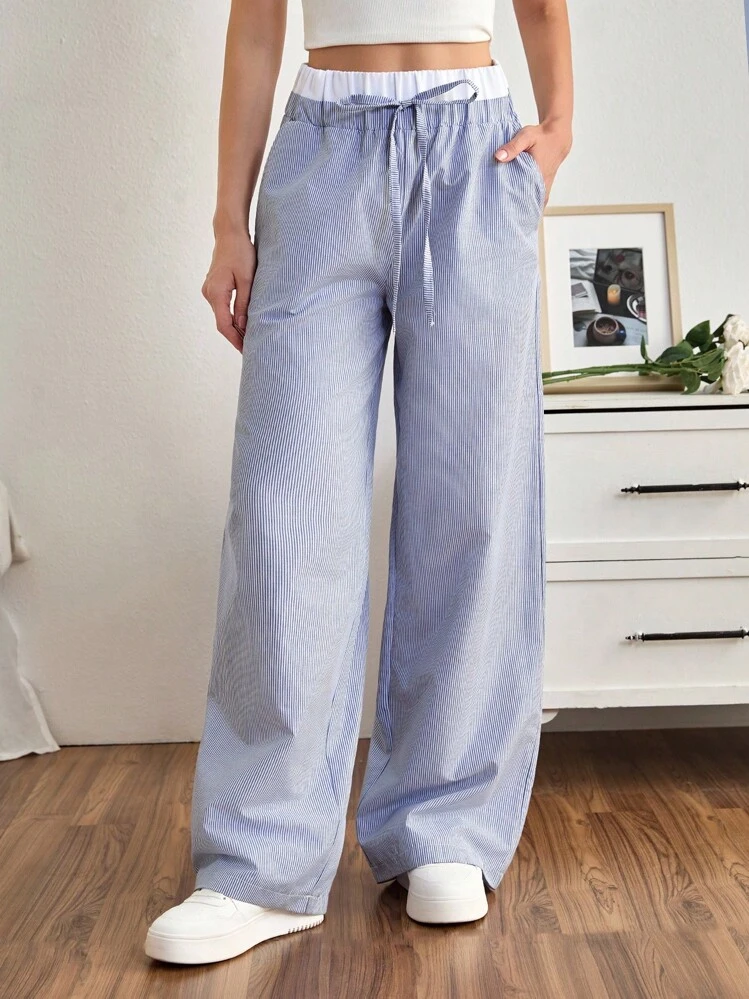 SHEIN Tall Two Pieces Multipack Tall Size White High-Waisted Contrast Blue Striped Woven Plus Size Women's Pants - Multicolor - View 9