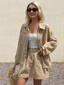 Livesso 女士休闲宽松夹克和牛仔裙套装，秋季 - 卡其色 - 查看 1
