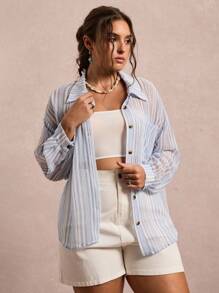 SHEIN VCAY Plus Size Women's Drop Shoulder Long Sleeve Striped Shirt,Blue And White,Summer,Smart Casual,Vacation,Holiday Single-Breasted Pocket Button Up Tops - Blue and White - View 3