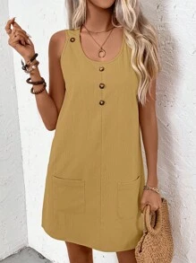 SHEIN LUNE Women's Casual Daily Vacation Minimalist Solid Color Scoop Neck Patchwork Pocket Sleeveless Loose Dress, Summer - Yellow - View 5