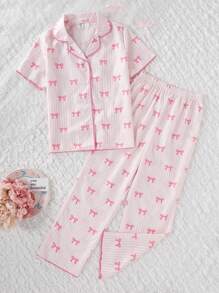 2件套女孩条纹蝴蝶结图案短袖开衫上衣和裤子舒适睡衣套装 - 粉色 - 查看 3