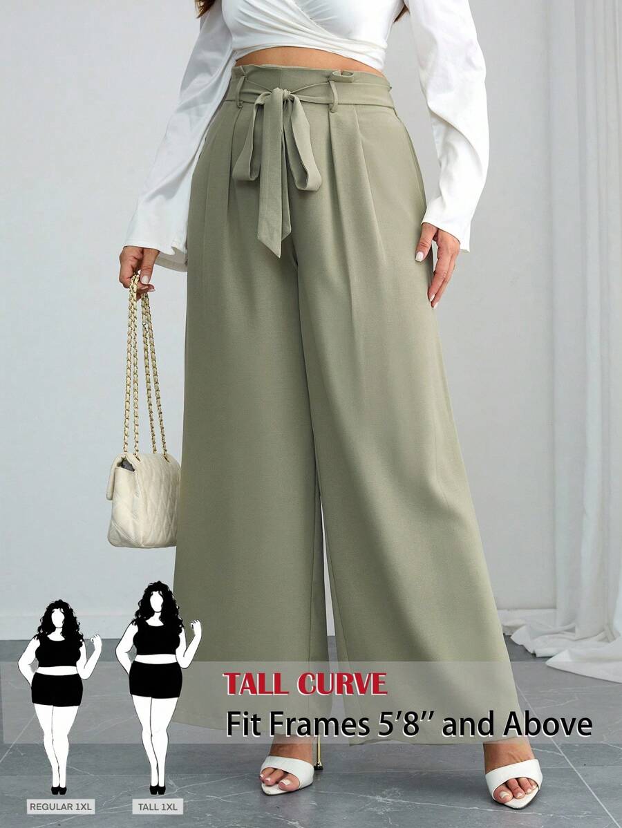 SHEIN Tall CURVE Plus Size Women Belted Printed Loose Vacation Style Wide Leg Leopard Pants Commute Minimalist Office Old Money Simple, Suitable For Autumn And Winter Plus Size Wide Leg Pants Curve Tall Pants Tall Wide Leg Pants For Women Tall Curve Women Pants