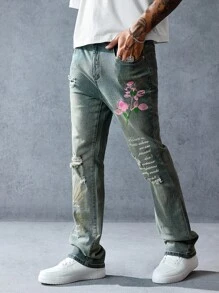 ROMWE MEN Street Life Jeans a zampa con stampa floreale e slogan, con tasche, effetto vissuto per uomo