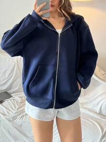 少女藏蓝色宽松休闲卫衣，简约风格，适合休闲和运动穿着。蓝色青少年服装，藏蓝色卫衣，蓝色连帽夹克，少女短款夹克，秋冬季女童服装 - 藍色 - 查看 3