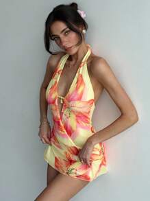 Aloruh Váy ôm sát cơ thể hở lưng chữ V sâu phong cách nghỉ mát châu Âu và Mỹ mới cho mùa hè - Màu vàng - Xem 8