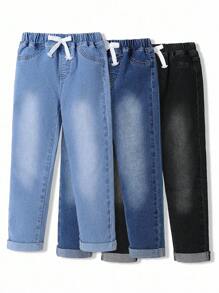 SHEIN Explorewe 3 件套年轻男孩休闲基本款全松紧腰蝴蝶结设计牛仔裤，黑色、蓝色、浅蓝色，仿抽绳装饰，卷边