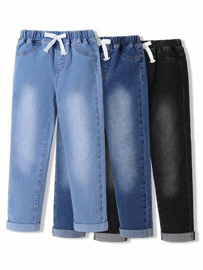 SHEIN Explorewe 3 件套年轻男孩休闲基本款全松紧腰蝴蝶结设计牛仔裤，黑色、蓝色、浅蓝色，仿抽绳装饰，卷边