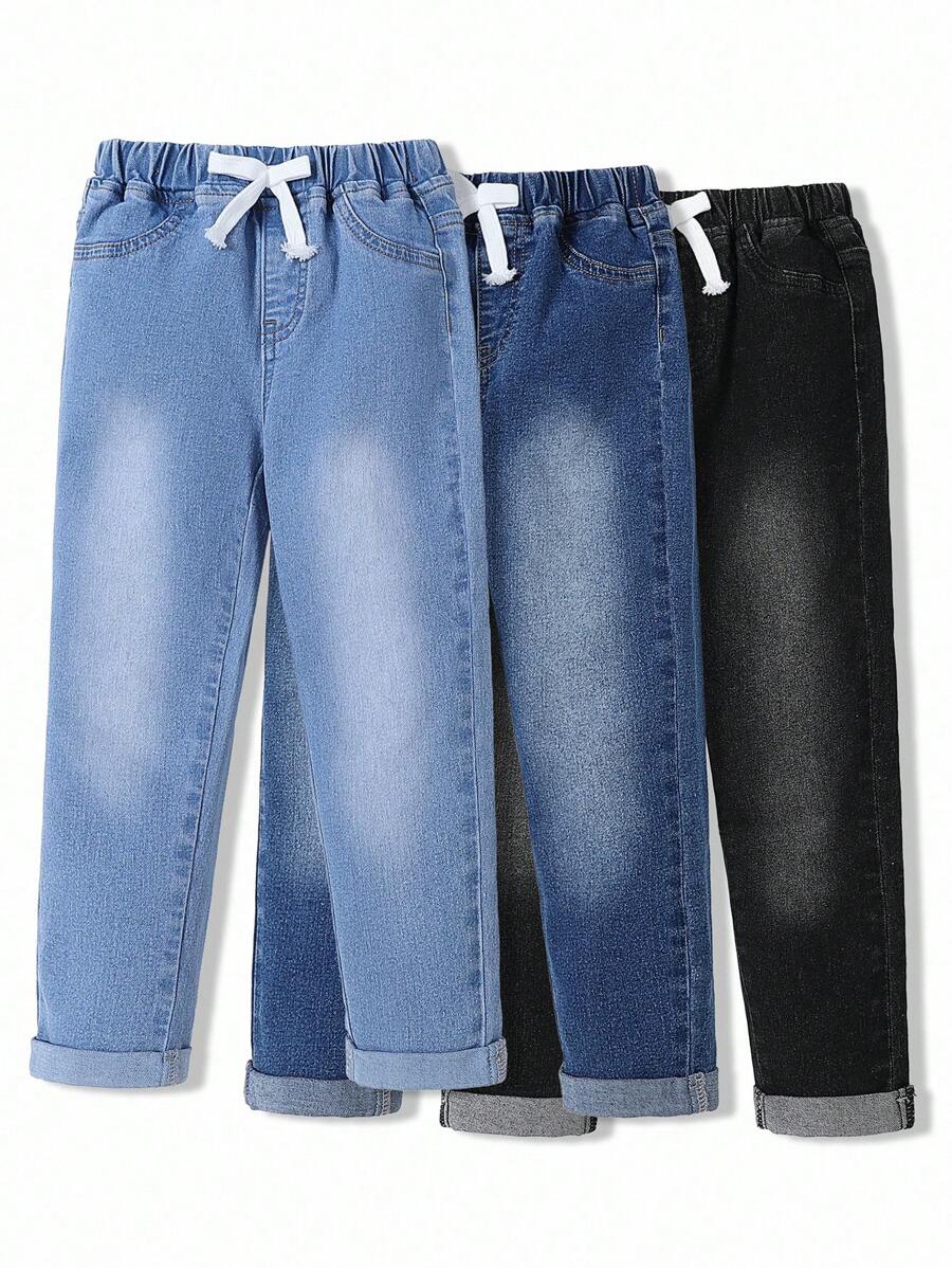SHEIN Explorewe 3 件套年轻男孩休闲基本款全松紧腰蝴蝶结设计牛仔裤，黑色、蓝色、浅蓝色，仿抽绳装饰，卷边