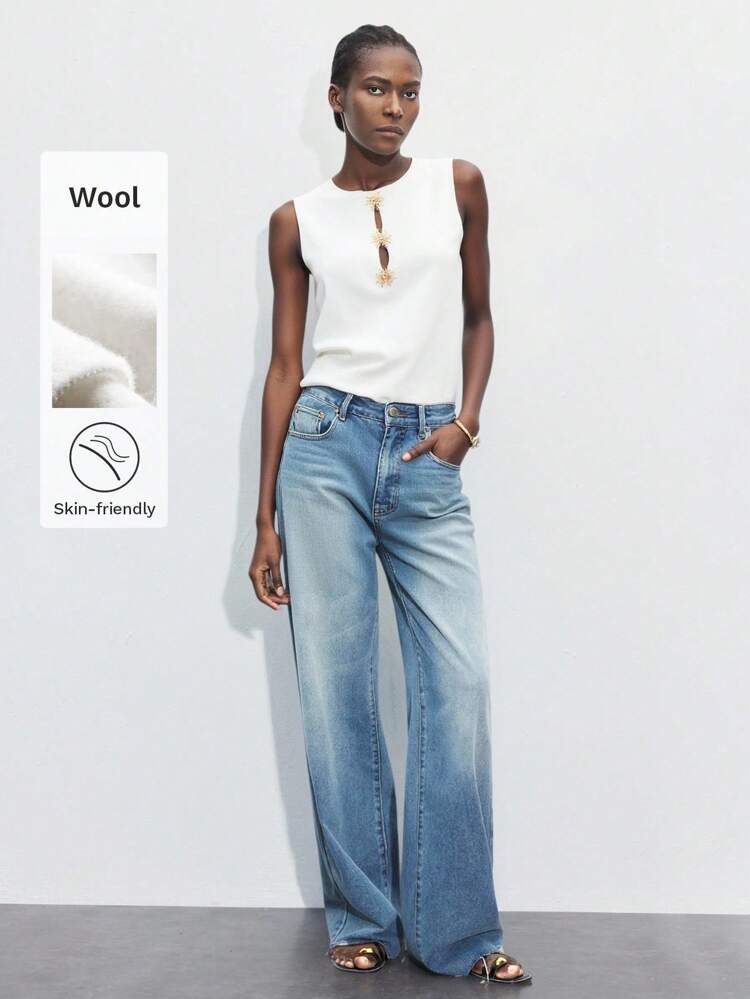 SHEIN Maija All-Match Crew Neck Wide Strap Open Hollow Design Loose White Knit Tank Top For Women, Versatile Suitable For Spring, Summer, Early Autumn Browns Business Casual Pants Women Early Fall Casual Tank Top, Fall For Women,Winter For Women,Winter,Night Out,Going Out Tops Women, Night Out,Date Night,Old Money Style