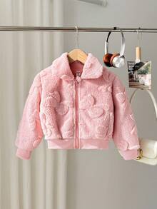 Young Girls' Pink Collar Long Sleeve Zip-Up Fleece Jacket Fall Winter - Pink - View 5
