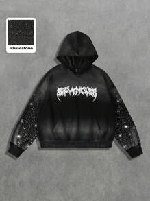 ROMWE MEN Street Life Sudadera con capucha para hombre con bordado de rhinestones y efecto lavado desteñido - Negro - Ver 1