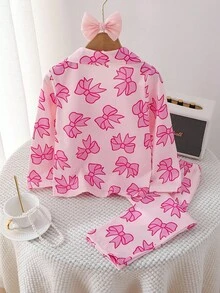 2pcs Young Girls Pajama Set, Pink Hand-Painted Butterfly Print, Retardant Fabric, Elegant Long Sleeve Top And Pants, Sleepwear Bow Pajama Set Pink Pajama Set Fall Winter - Pink - View 2