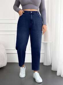EURMUSE 100%Cotton Plus Size Water Washed Mom Style Jeans - Dark Wash - View 4