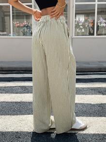 Livesso 女士条纹抽绳腰带口袋阔腿宽松休闲裤复活节 - 綠色 - 查看 2