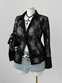 Sunspun 大码女式蕾丝镂空透视长袖上衣 - 黑色 - 查看 3