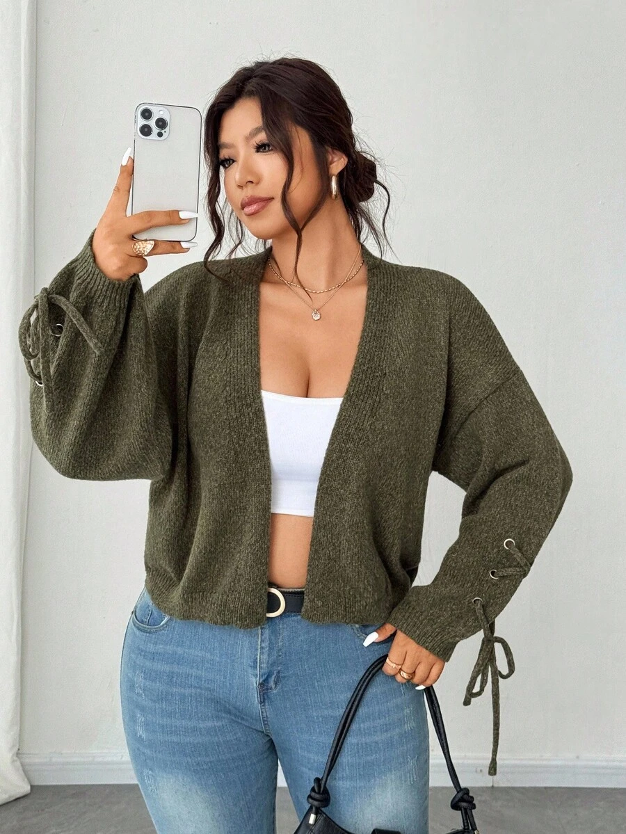 Elenzga 大码女式纯色金属眼针织开衫 - 綠色 - 查看 1