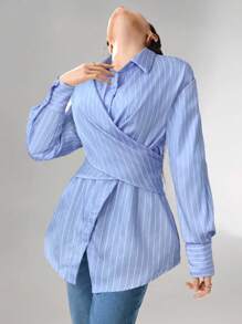 Heiryn Camisa casual/de trabajo para mujer con mangas caídas, rayas y lazo en la espalda - Azul - Ver 5