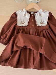 SHEIN LMoss Kids Vestido de manga comprida com gola Peter Pan e estampa floral vintage LMoss Baby Girl, outono/inverno - Ferrugem Marrom - Ver 6