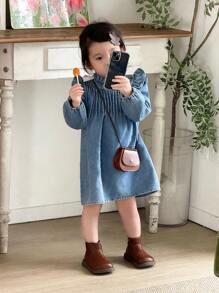 SHEIN Babygirl Spring And Autumn Baby Girl Long Sleeve Ruffle Collar Fashionable And Simple Lace Washed Denim Dress, Suitable For Daily Leisure Wear Such As Autumn Outings, Camping, Vacation, Etc. - Blue - View 8