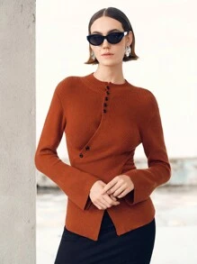 Uhlyne Uhlyne Suéter de punto cruzado con botones elegante y entallado para mujer, estilo minimalista, para otoño/invierno - Óxido marrón - Ver 3