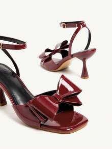 CUCCOO CHICEST Giày cao gót mũi vuông đính nơ giả da màu đỏ tía thanh lịch, thời trang lãng mạn dành cho nữ, thích hợp cho những dịp trang trọng, tiệc tùng, hẹn hò, ngày lễ, lễ hội - Màu Đỏ Sâu - Xem 8