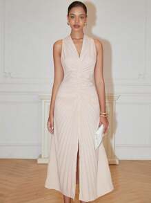 Breezaya Pleated, Solid Color, Body-Con, Sleeveless, V-Neck, High Slit To Thigh, Waist-Cinched, Open Back With Bowknot, Flared Dress, Elegant, Sexy, Glamorous, For Occasions, Workwear, Minimalist, Spring/Summer Women - Apricot - View 4