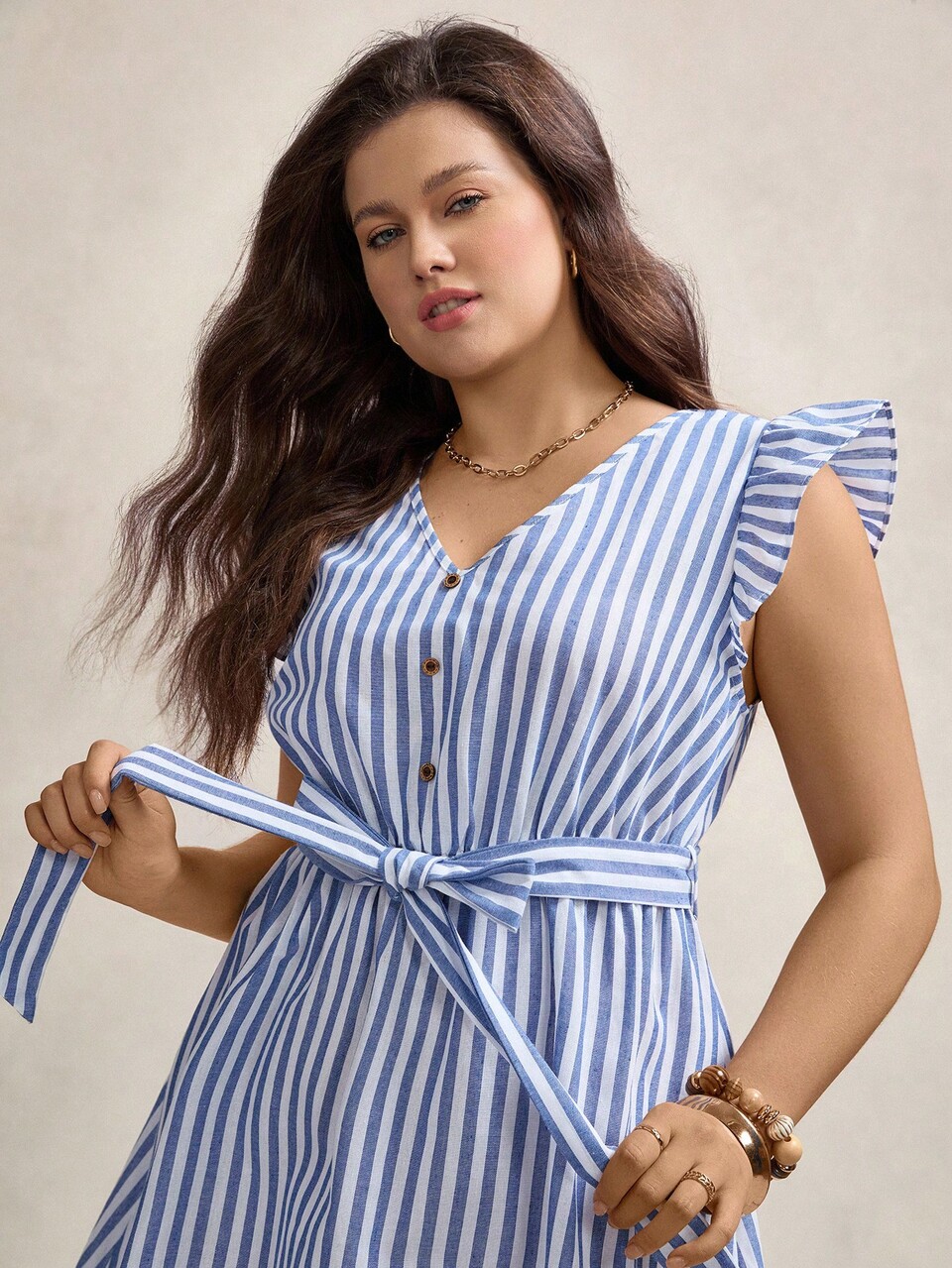 Plus 1pc Striped Print Ruffle Trim Belted Dress,Blue And White,Summer,Cute,Vacation Back To School Clothes Homecoming Dress Teacher School Clothes