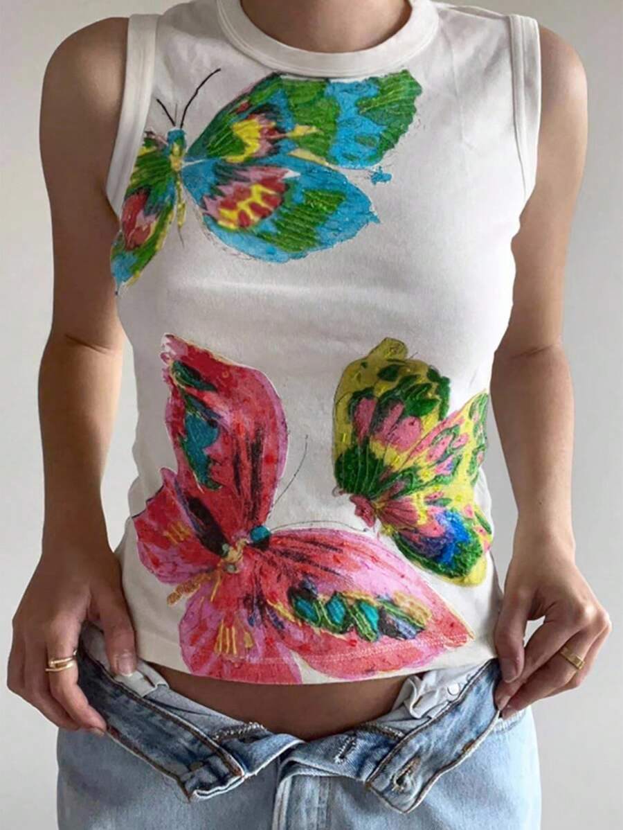SHEIN EZwear Women Casual Butterfly Print Round Neck Versatile Camisole Top - Multicolor - View 1