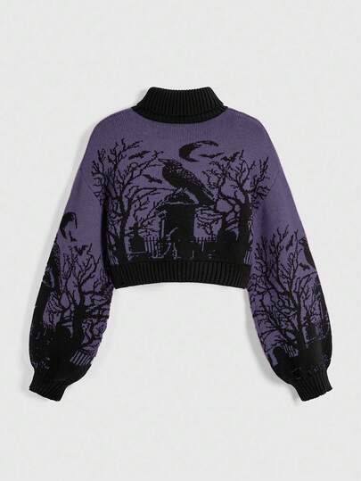 Goth Gothic Dark High Neck Warm Raven Graveyard Moon Bat Branch Jacquard Lantern Sleeve Women Sweater, Halloween