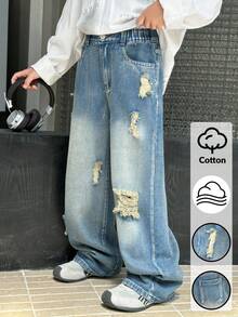 青少年男孩复古做旧直筒牛仔裤，街头时尚休闲学院风推荐！复古水洗蓝色舒适牛仔面料，做旧设计，彰显个性，适合校园休闲、返校季、旅行度假、拍照等场合，轻松成为街头最酷的孩子！