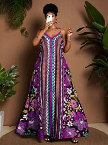 Maweii Vestido largo bohemio con tirantes, cuello en V y estampado colorido para mujer talla grande, nuevo diseño para vacaciones de primavera/verano