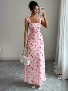 Elenzga Đầm maxi nữ dáng chữ A cổ vuông, chất liệu lưới, in hoa, xếp ly eo, thanh lịch, thích hợp cho hẹn hò, du lịch, tôn dáng, mùa xuân/hè. - Nhiều màu - Xem 7