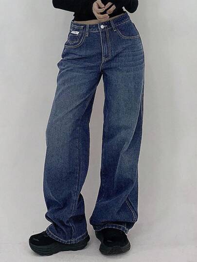 EURMUSE Women's Pocket Loose Wide Leg Casual Versatile Denim Jeans